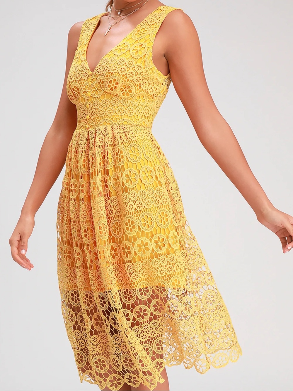 Lulus Hannon Mustard Yellow Lace Sleeveless Midi Dress